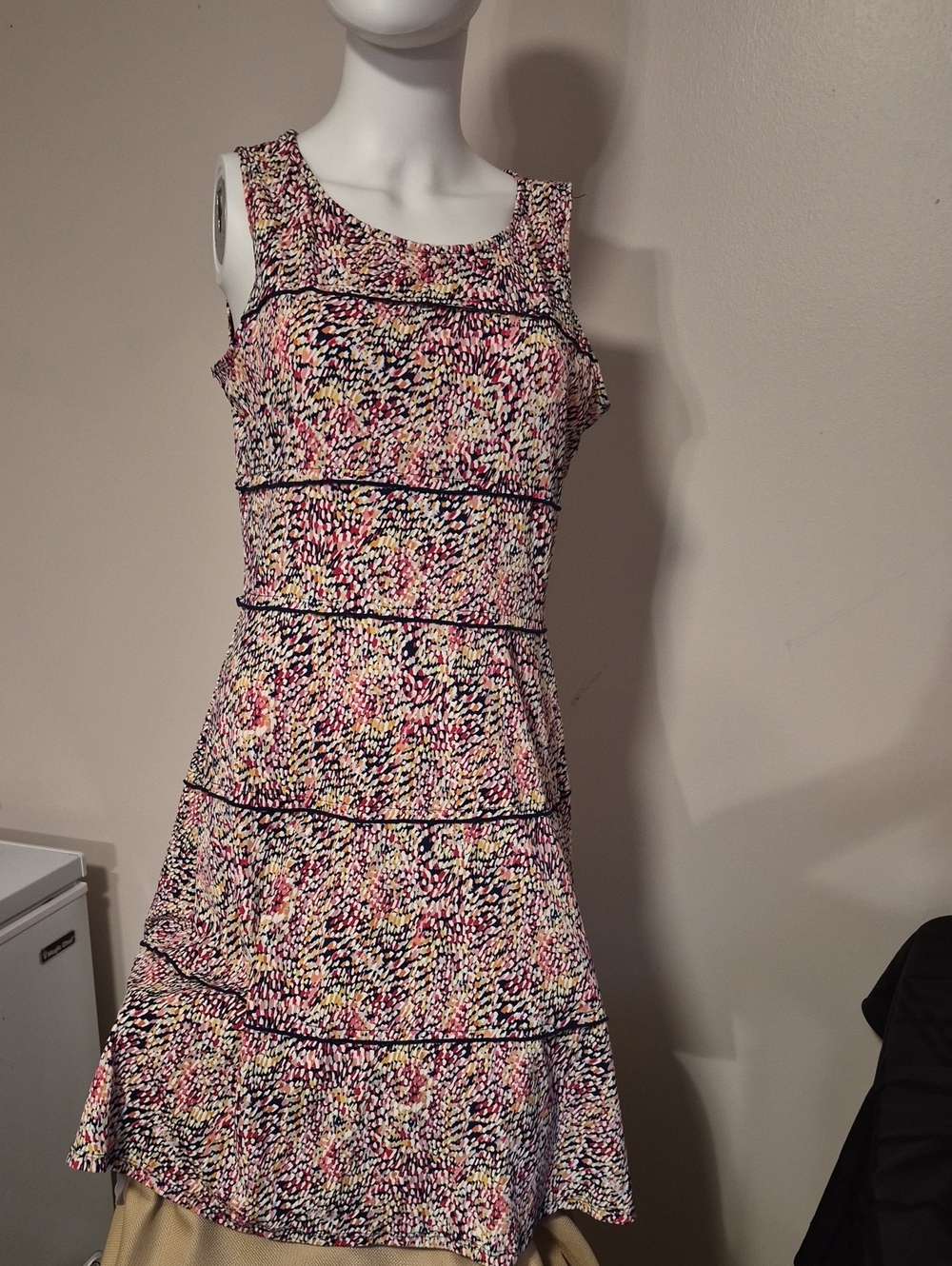 Perceptions Multicolor Sleeveless Tiered A-Line Dress with Navy Trim